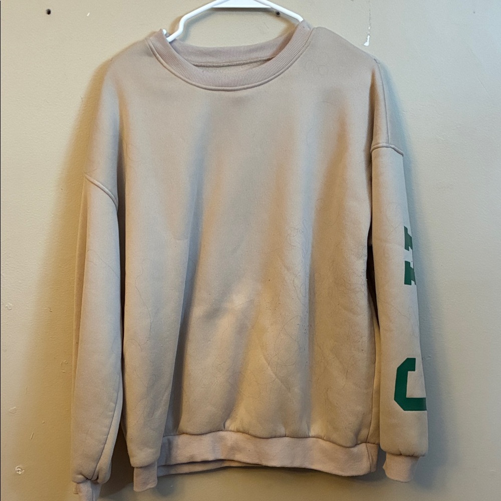 SHEIN Beige Crewneck Sweatshirt with Green Sleeve Number